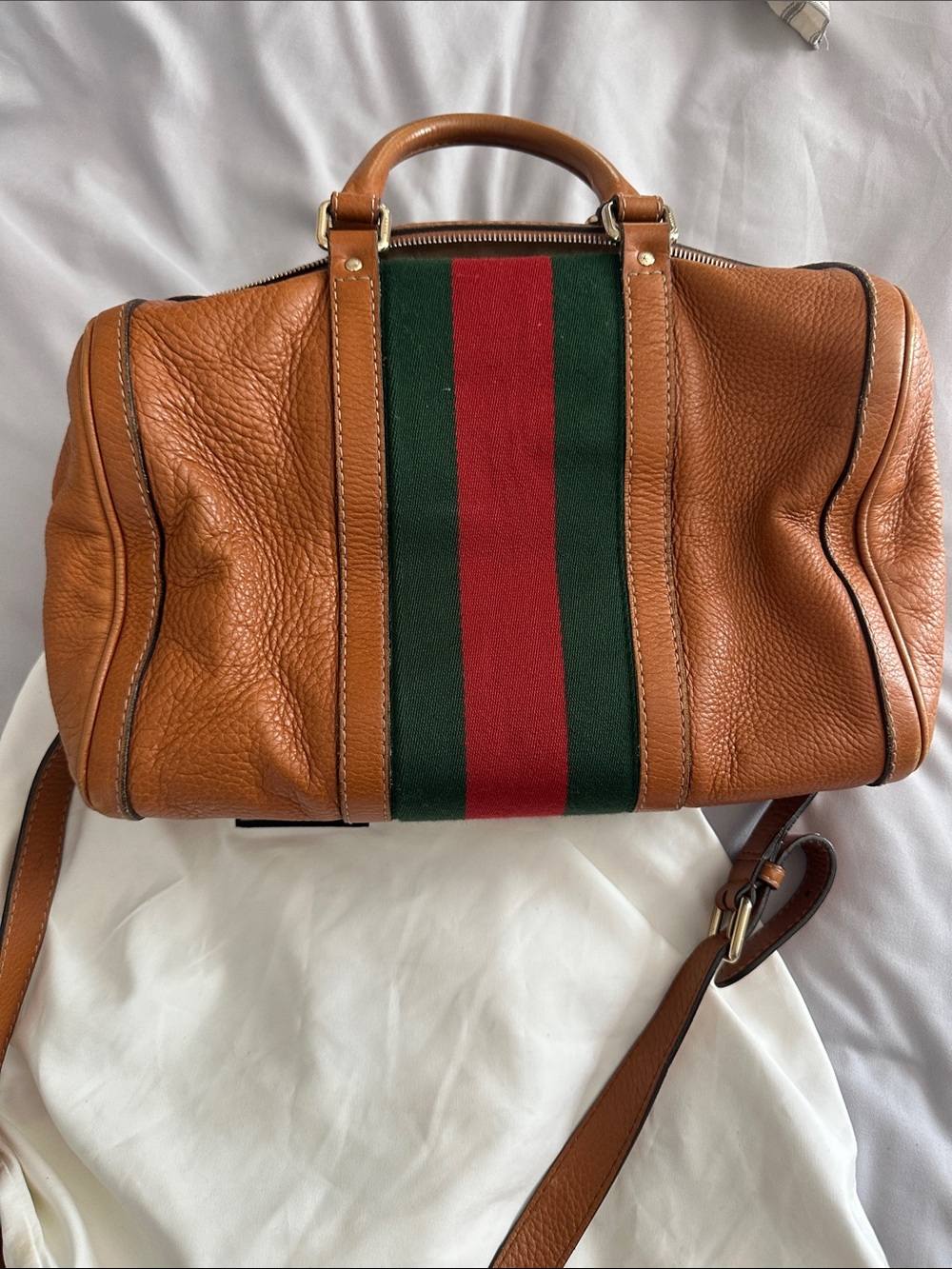 Gucci Boston Tan Leather Shoulder Bag with Green & Red Center Stripe crossbody - Picture 3 of 10